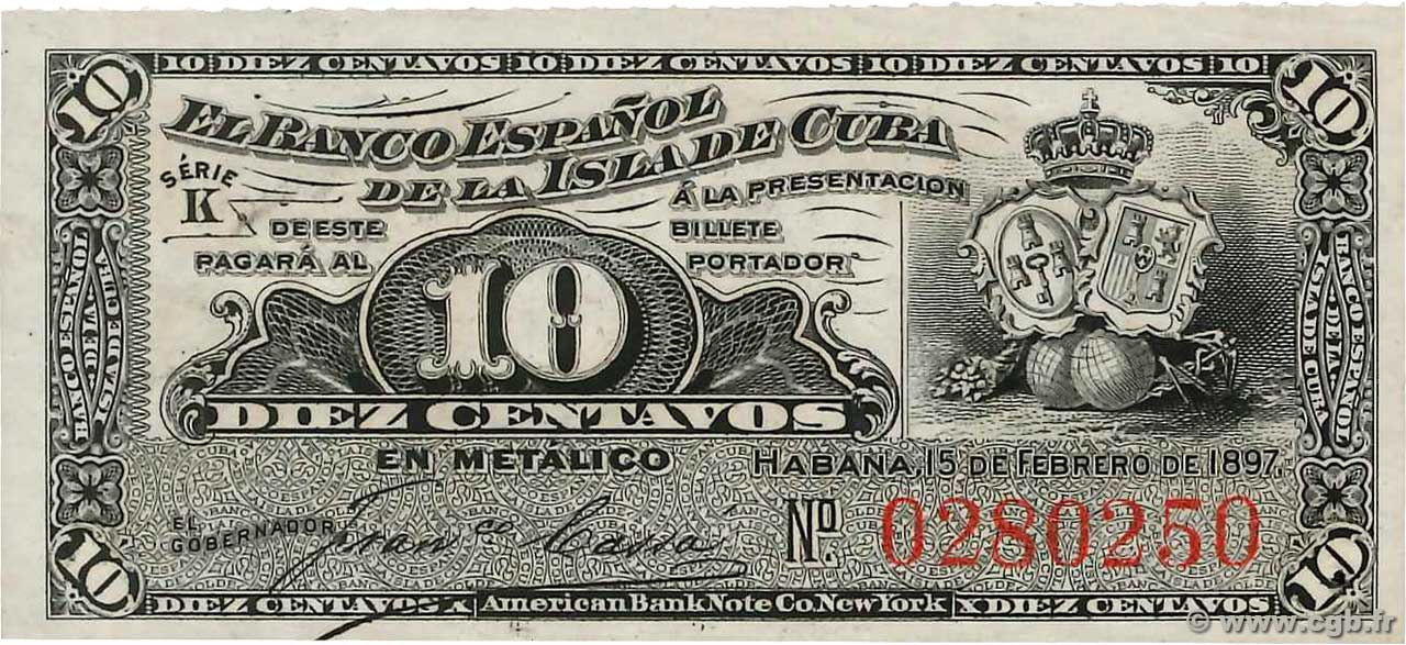 10 Centavos CUBA  1897 P.052a UNC