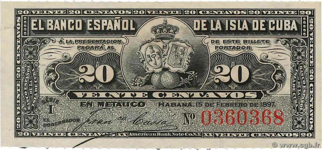 20 Centavos CUBA  1897 P.053a UNC