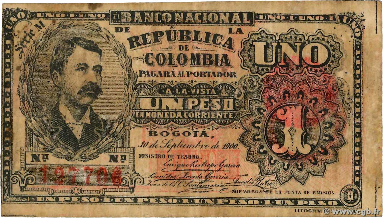 1 Peso COLOMBIA  1900 P.270 BC