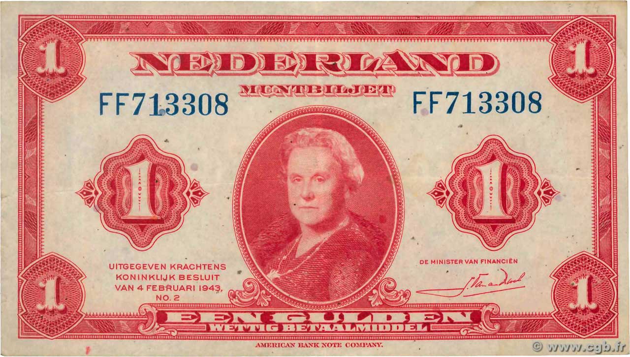 1 Gulden NETHERLANDS  1943 P.064a VF+