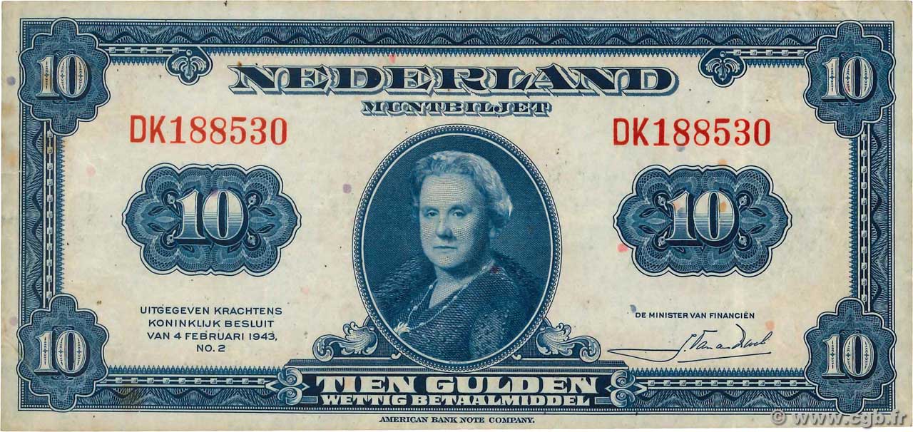 10 Gulden PAíSES BAJOS  1943 P.066a MBC