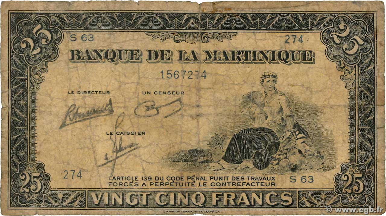 25 Francs  MARTINIQUE  1943 P.17 B
