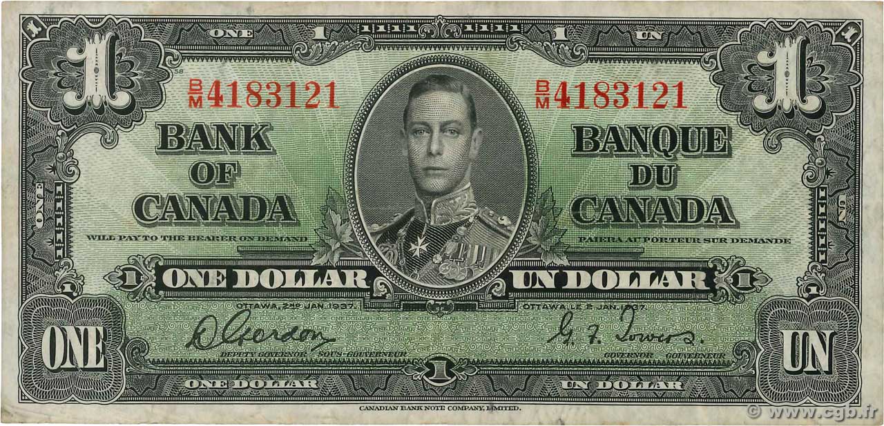1 Dollar CANADA  1937 P.058d TB+