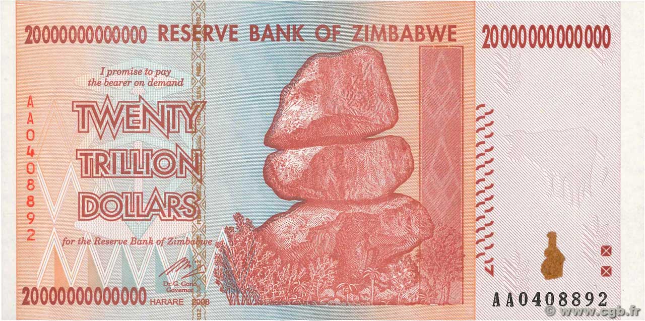 20 Trillions Dollars ZIMBABWE  2008 P.89 UNC
