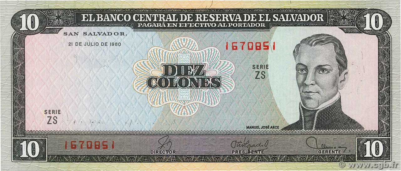 10 Colones EL SALVADOR  1980 P.129b FDC
