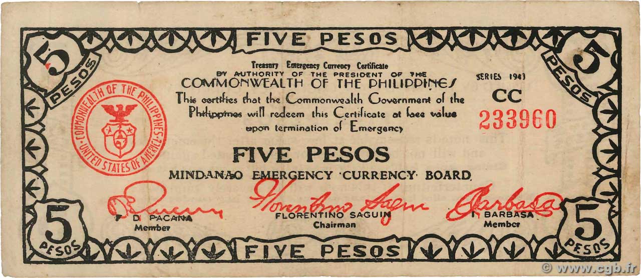 5 Pesos PHILIPPINES  1943 PS.507 TTB