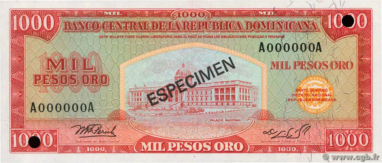1000 Pesos Oro Spécimen RÉPUBLIQUE DOMINICAINE  1976 P.115s2 NEUF