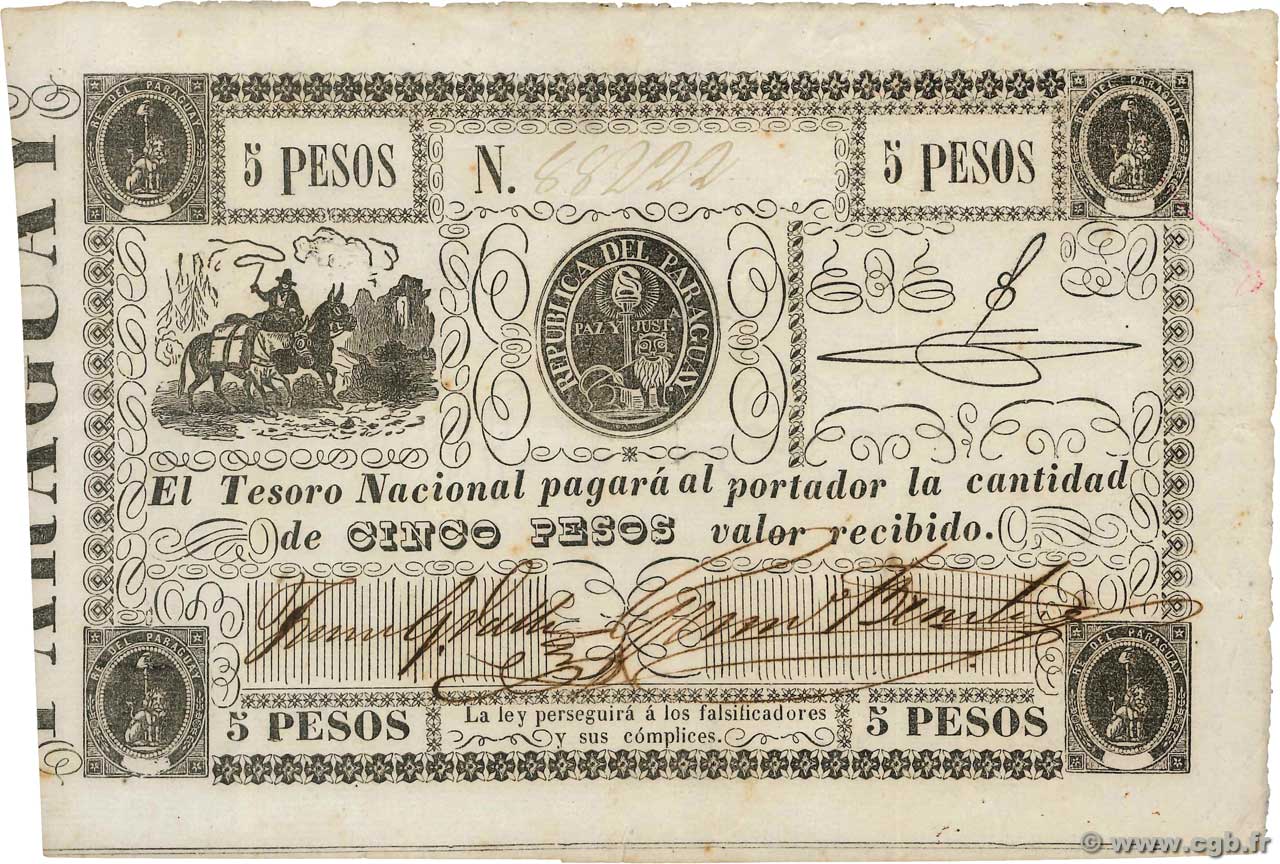 5 Pesos Paraguay 1862 P 017 B93 97 Banknotes