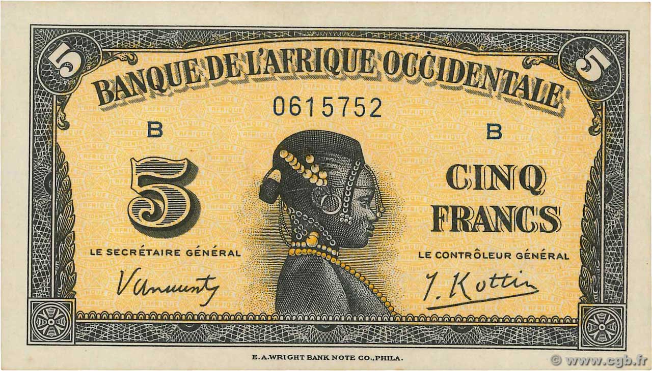 5 Francs FRENCH WEST AFRICA  1942 P.28a q.FDC