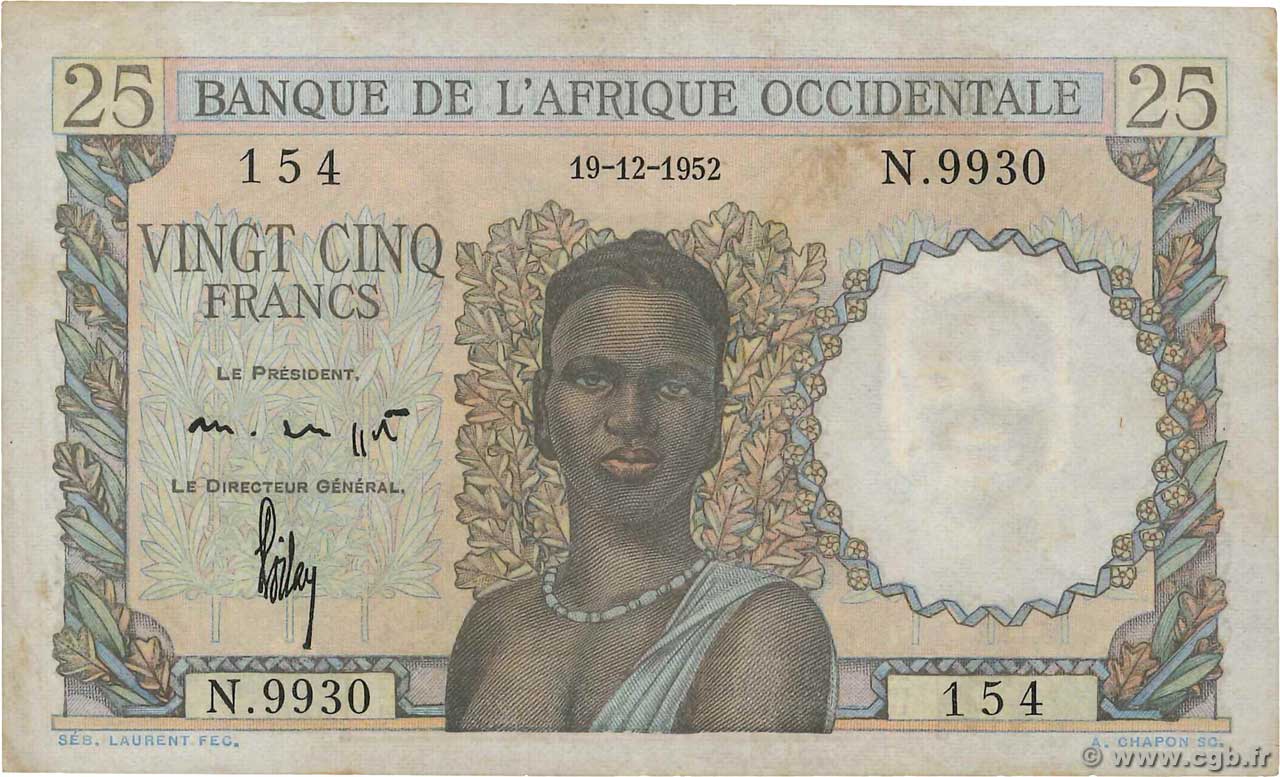 25 Francs AFRIQUE OCCIDENTALE FRANÇAISE (1895-1958)  1952 P.38 TTB