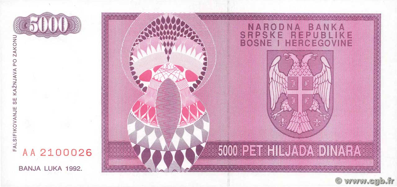 BOSNIA 5000 5,000 DINARA 1992 P 138 AUNC 