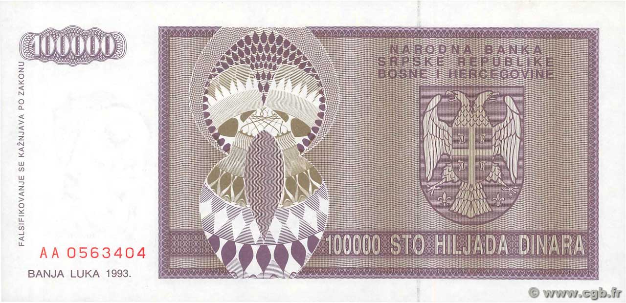 100000 Dinara BOSNIEN-HERZEGOWINA  1993 P.141a ST