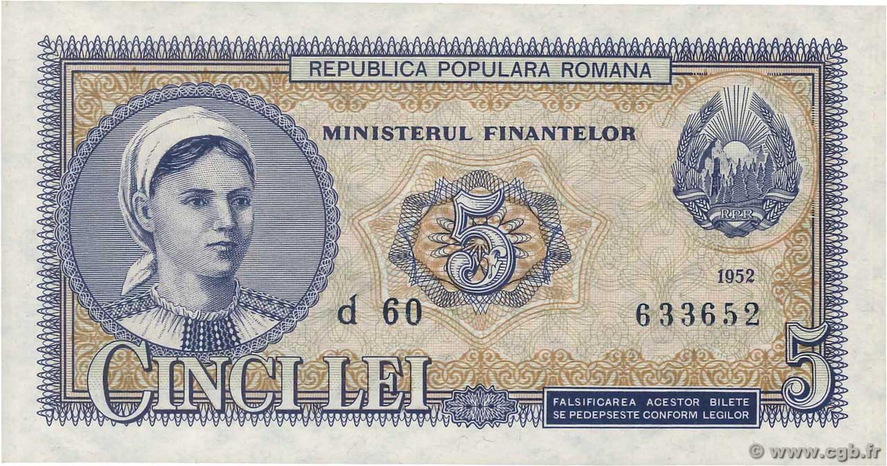 5 Lei ROMANIA  1952 P.083b UNC