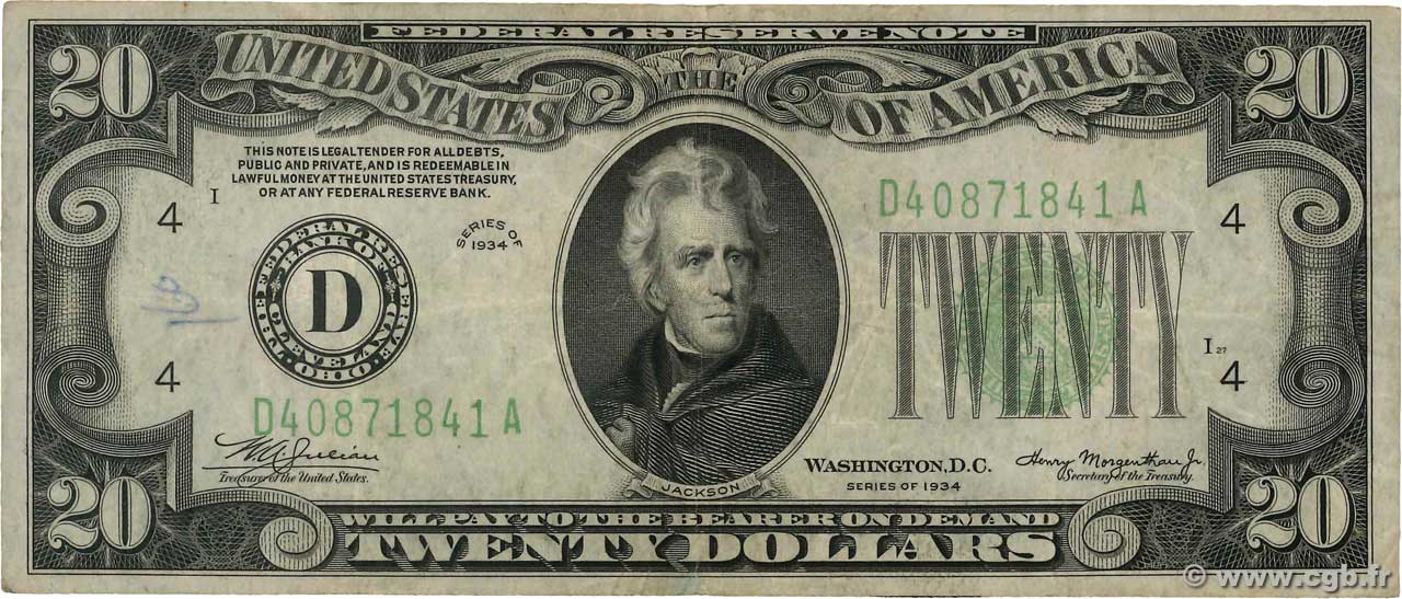 20 Dollars ÉTATS-UNIS D AMÉRIQUE Cleveland 1934 P.431L pr.TTB