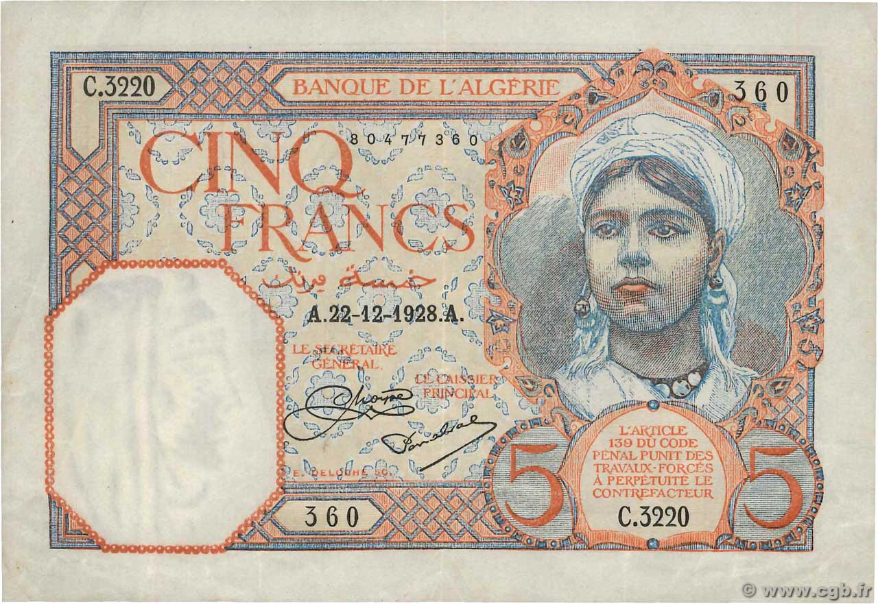 5 Francs ALGERIEN  1928 P.077a SS