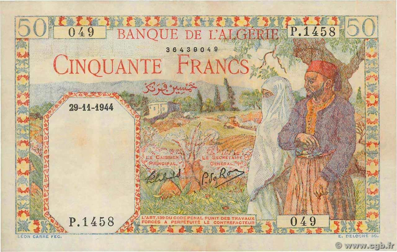 50 Francs ALGÉRIE  1944 P.087 pr.SUP