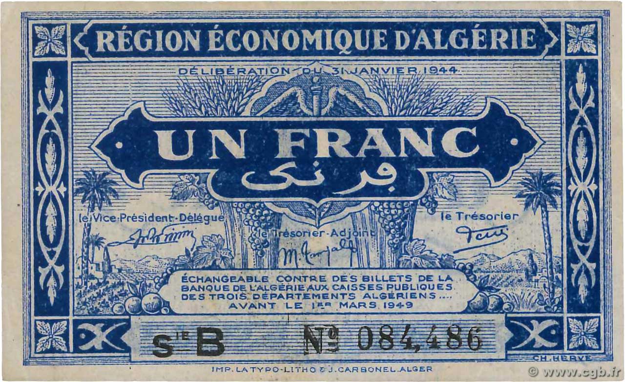 1 Franc ALGÉRIE  1944 P.098a pr.NEUF