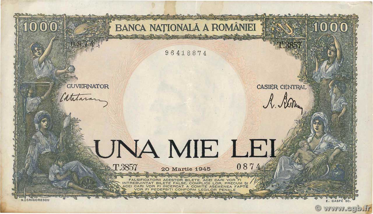 1000 Lei ROMANIA  1945 P.052a SPL