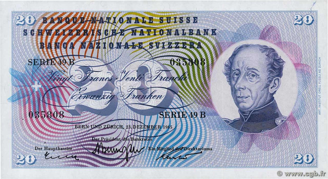 20 Francs SUISSE  1965 P.46m SUP