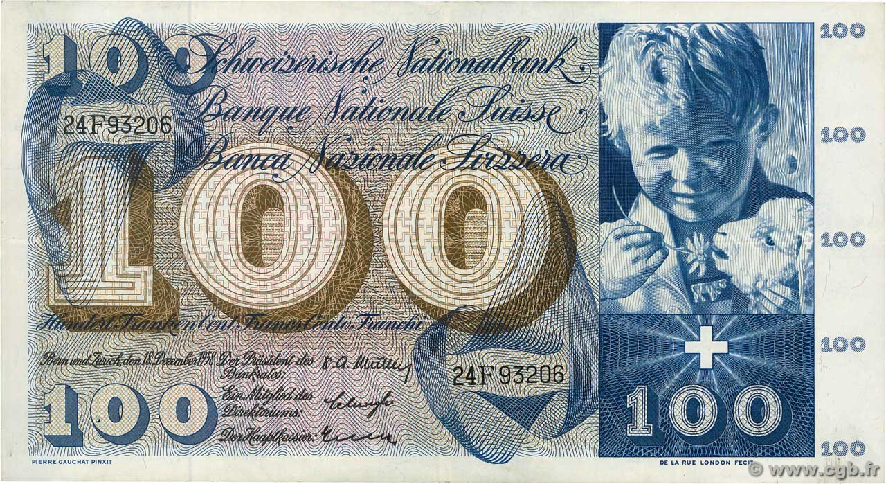 100 Francs SUISSE  1958 P.49c SS