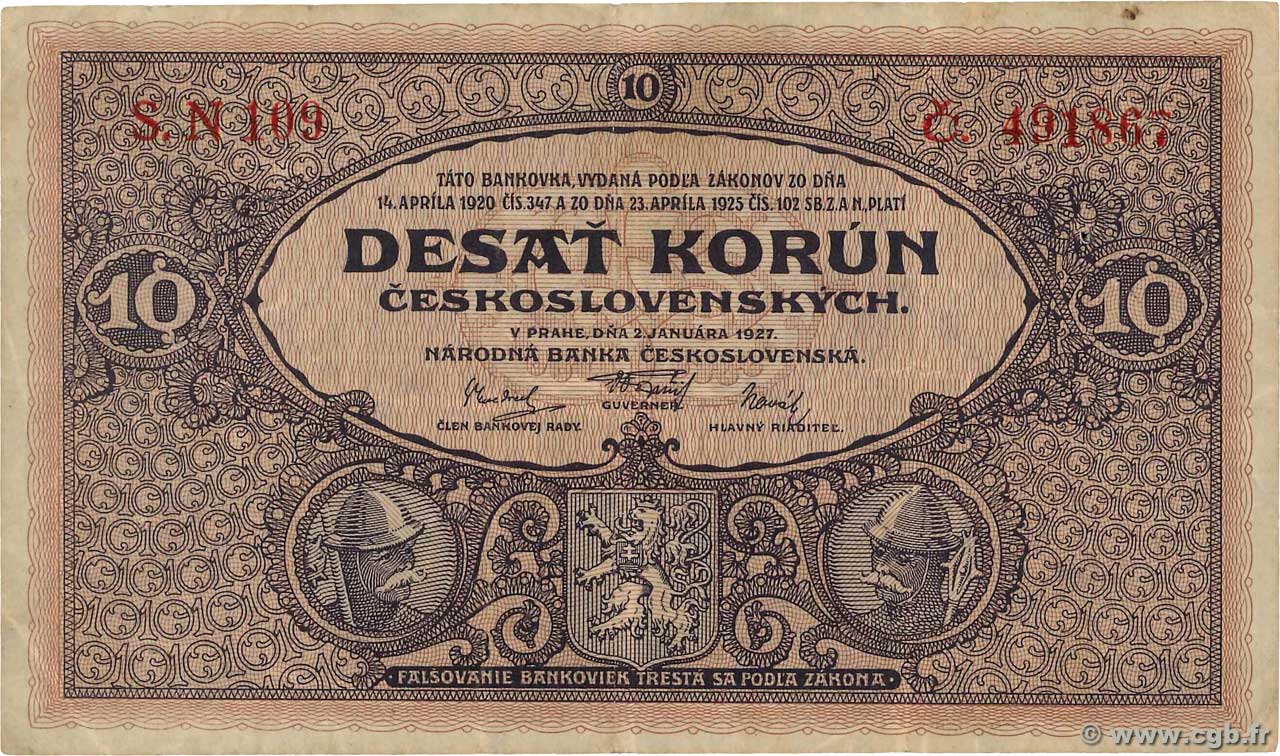 10 Korun CZECHOSLOVAKIA  1927 P.020a VF