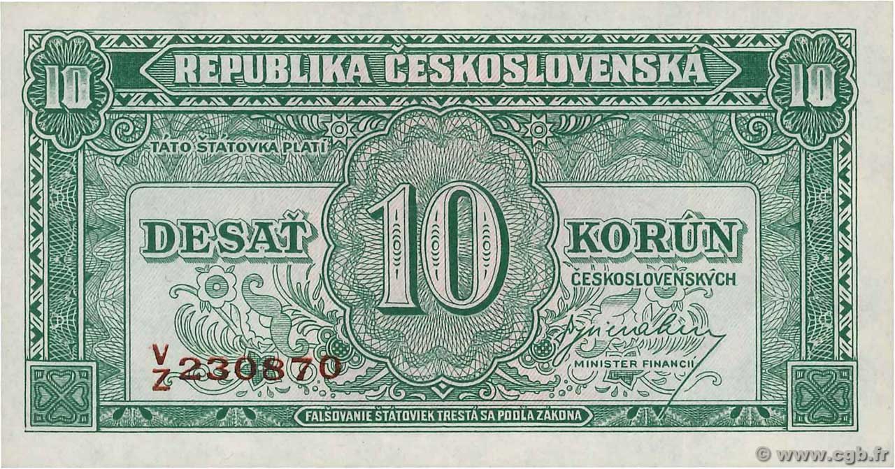 10 Korun TSCHECHOSLOWAKEI  1945 P.060a ST