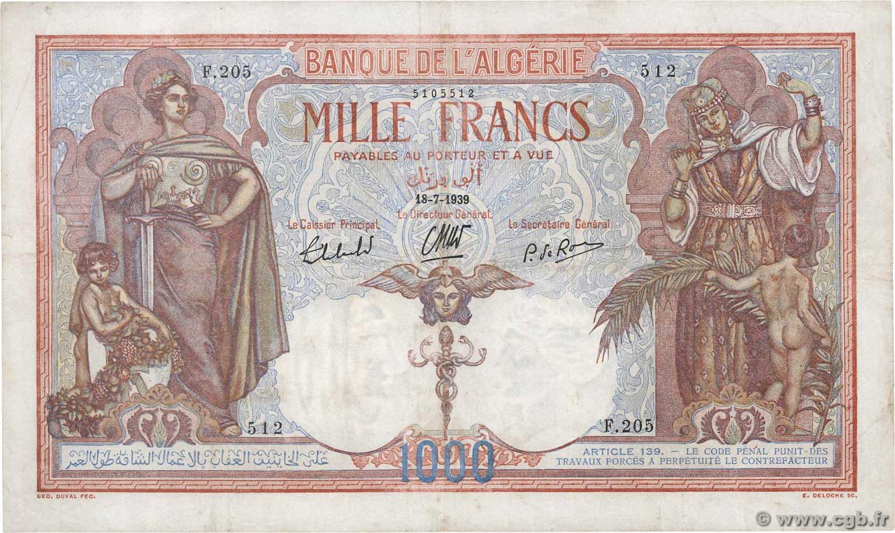 1000 Francs ALGERIA  1939 P.083a VF
