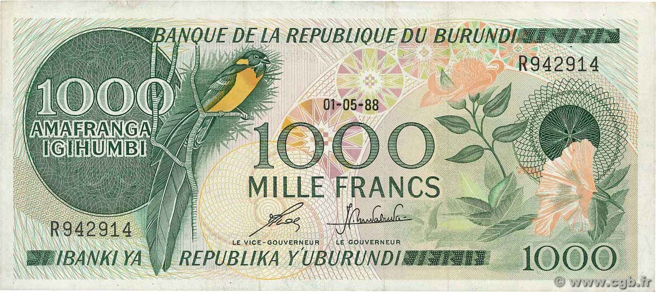 1000 Francs BURUNDI  1988 P.31d fVZ