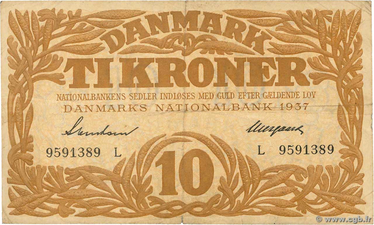 10 Kroner DENMARK  1937 P.031b VF
