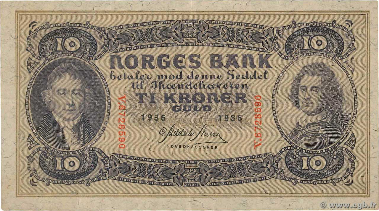 10 Kroner NORVÈGE  1936 P.08c fVZ