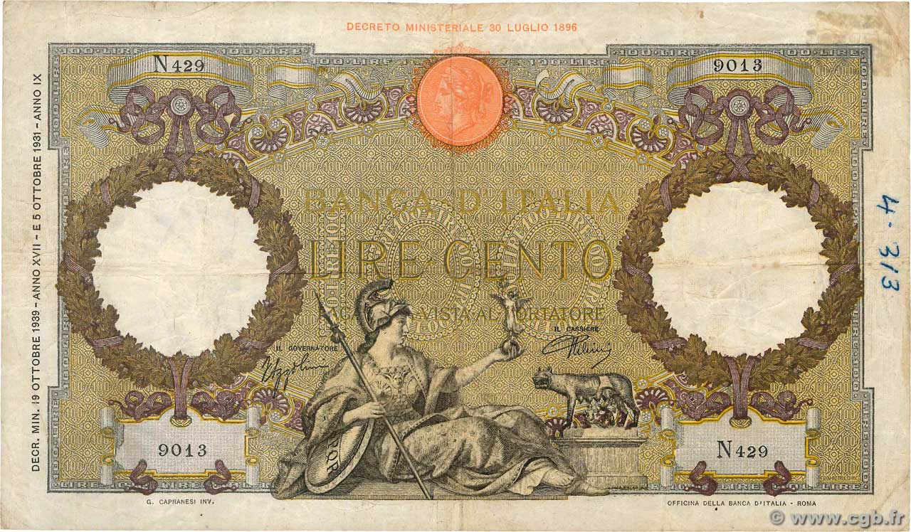 100 Lire ITALY  1939 P.055b F