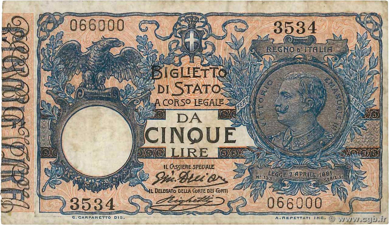 5 Lire ITALIA  1915 P.023d MBC