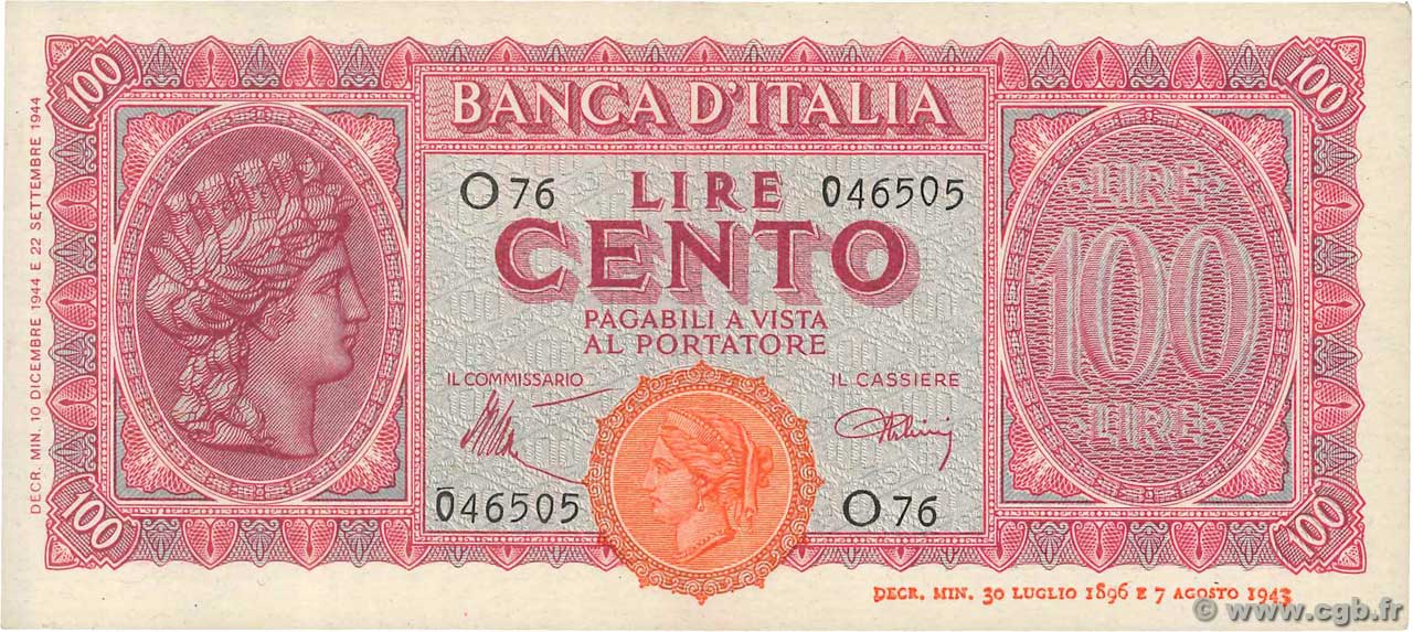 100 Lire ITALY  1944 P.075a AU