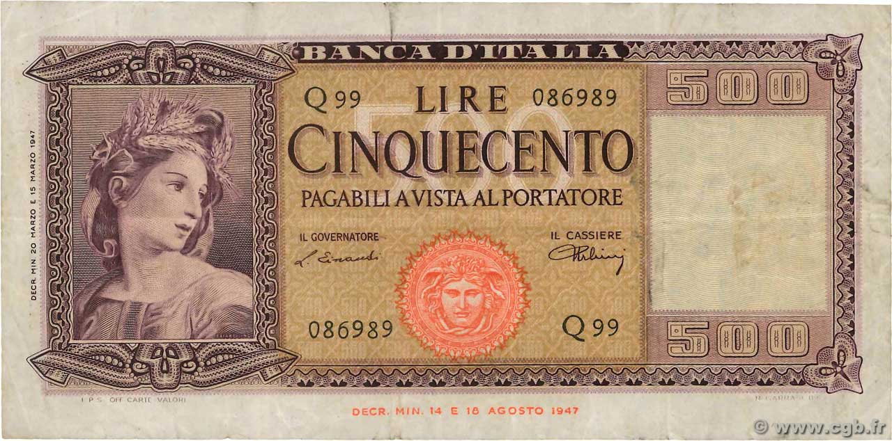 500 Lire ITALY  1947 P.080a F