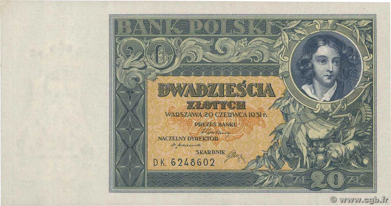20 Zlotych POLONIA  1931 P.073 q.FDC
