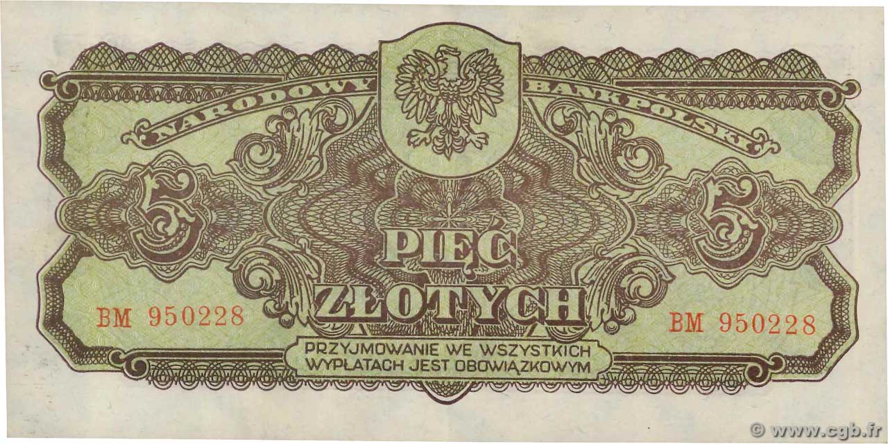 5 Zlotych POLAND  1944 P.108 XF+