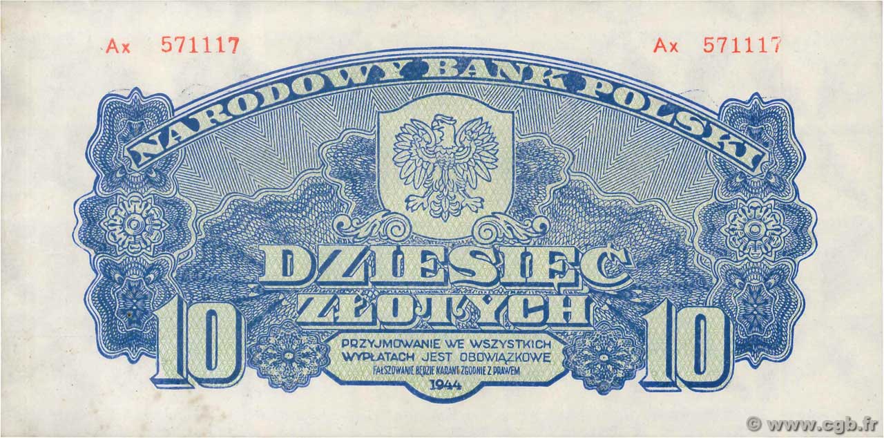 10 Zlotych POLOGNE  1944 P.111a pr.NEUF