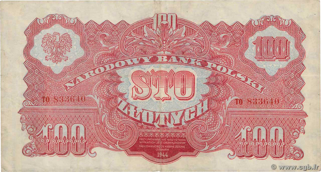 100 Zlotych POLAND  1944 P.116 VF