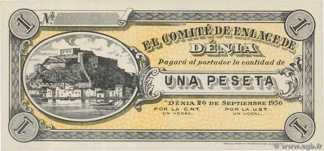 1 Peseta SPANIEN Denia 1936 P.- ST