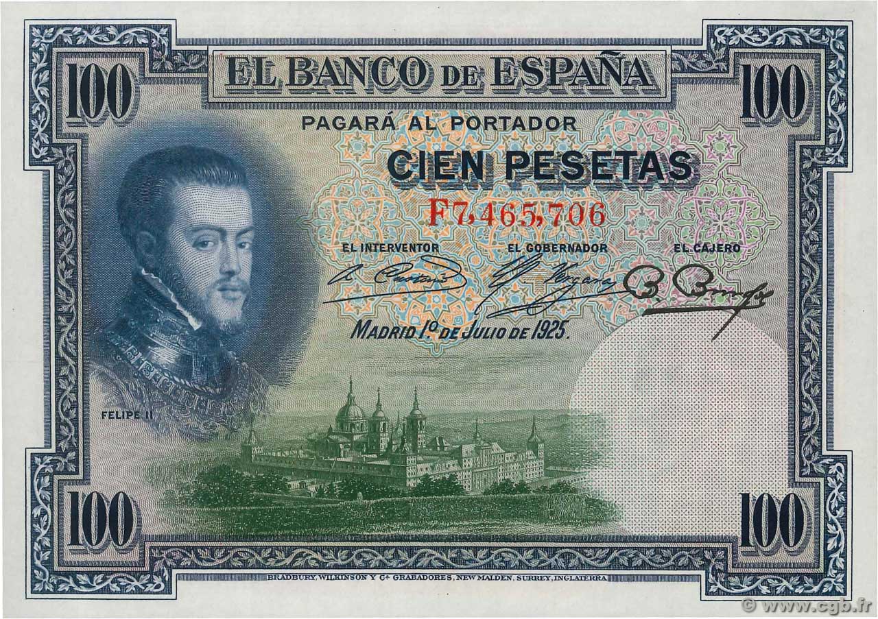 100 Pesetas SPANIEN  1925 P.069c fST+