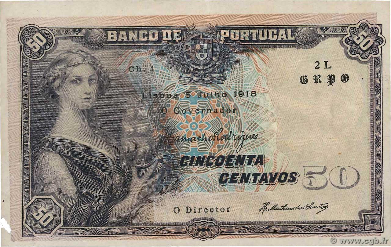 50 Centavos PORTUGAL  1918 P.112b MBC+
