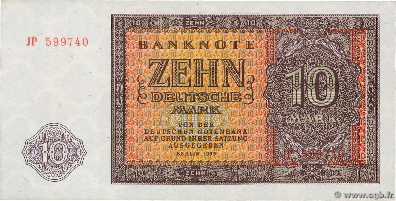 10 Deutsche Mark GERMAN DEMOCRATIC REPUBLIC  1955 P.18a UNC