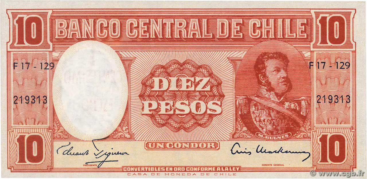 1 Centesimo sur 10 Pesos CHILI  1960 P.125 SPL
