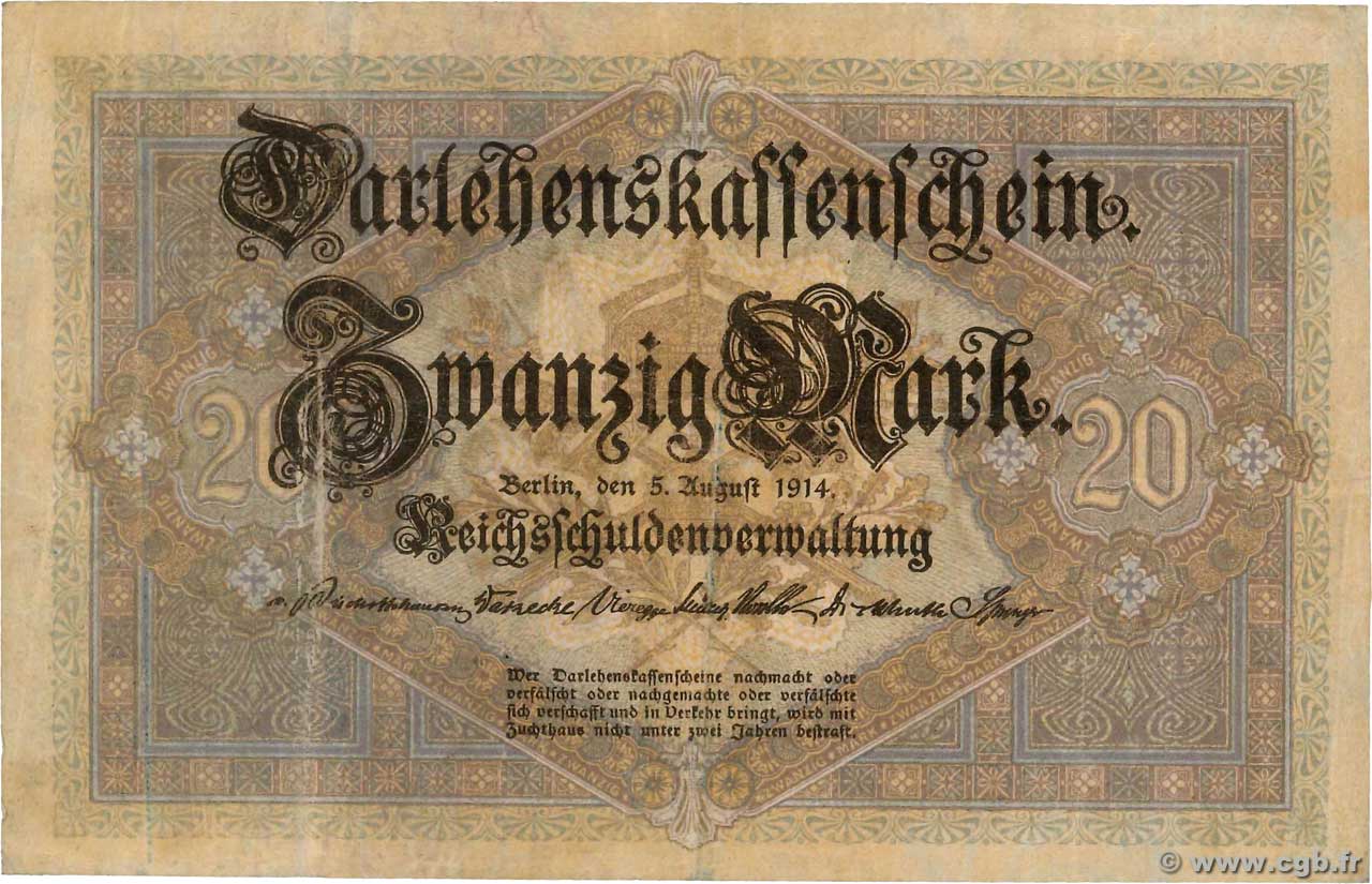20 Mark GERMANY  1914 P.048b VF