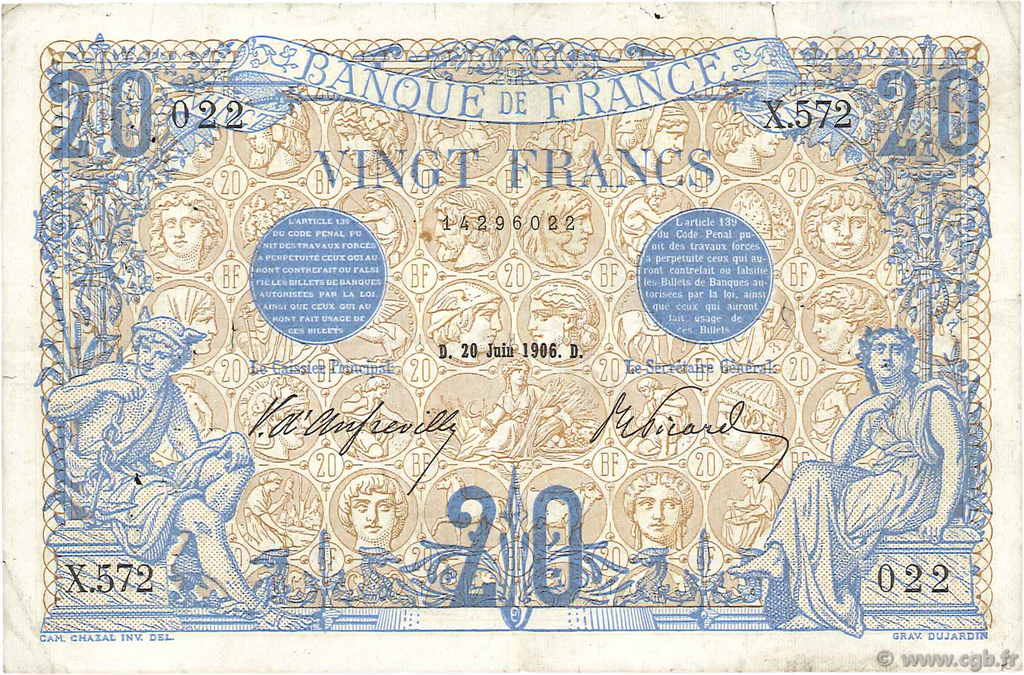 20 Francs BLEU FRANCIA  1906 F.10.01 BC+