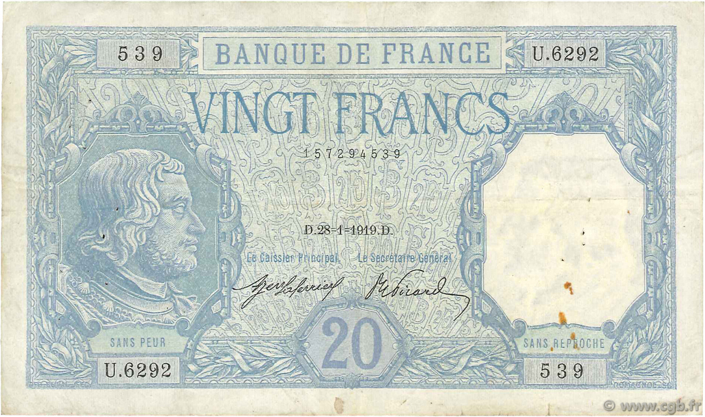 20 Francs BAYARD FRANCE  1919 F.11.04 F+