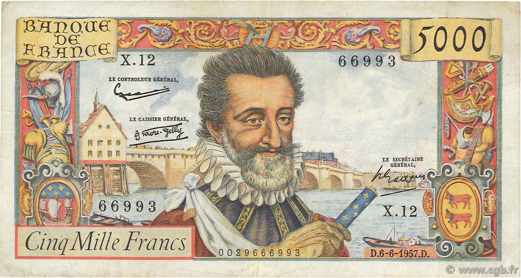 5000 Francs HENRI IV FRANCE  1957 F.49.02 F+