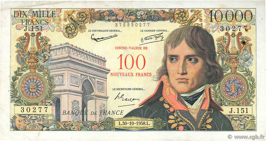 100 NF sur 10000 Francs BONAPARTE FRANCIA  1958 F.55.01 BC