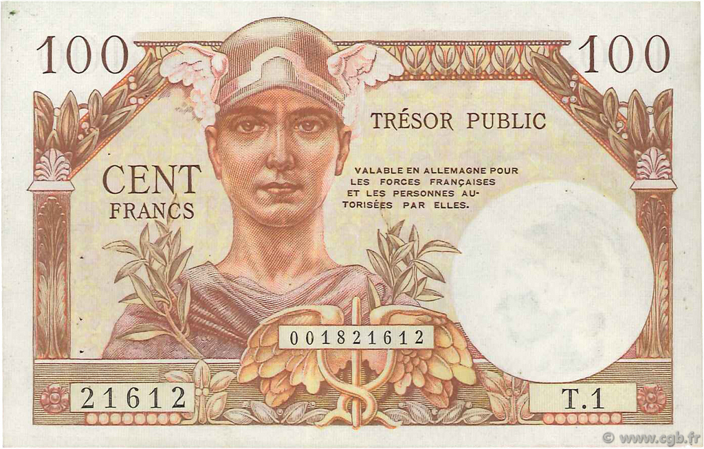 100 Francs TRÉSOR PUBLIC FRANKREICH  1955 VF.34.01 fVZ