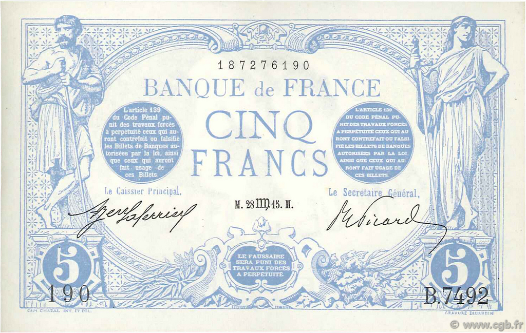5 Francs BLEU FRANKREICH  1915 F.02.30 VZ+
